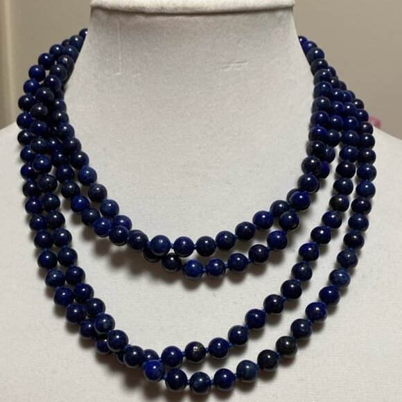 Vintage Long Heavy Blue Lapis Lazuli Beaded Necklace - Picture 2 of 3